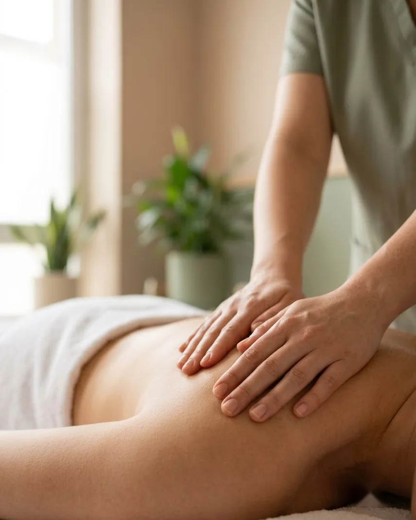 Therapist giving a focused back massage in a calm treatment room